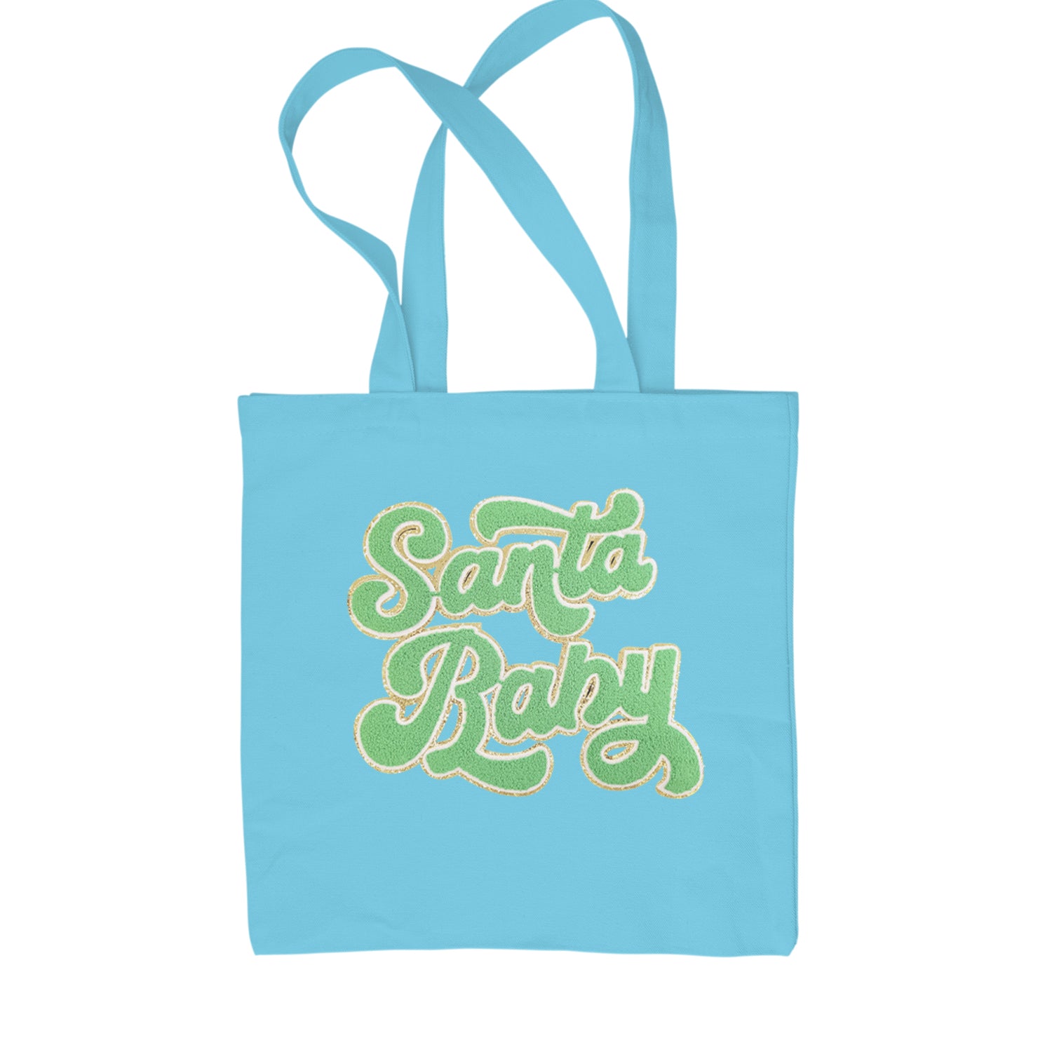 Green Santa Baby Chenille Patch Shopping Tote Bag Sky Blue