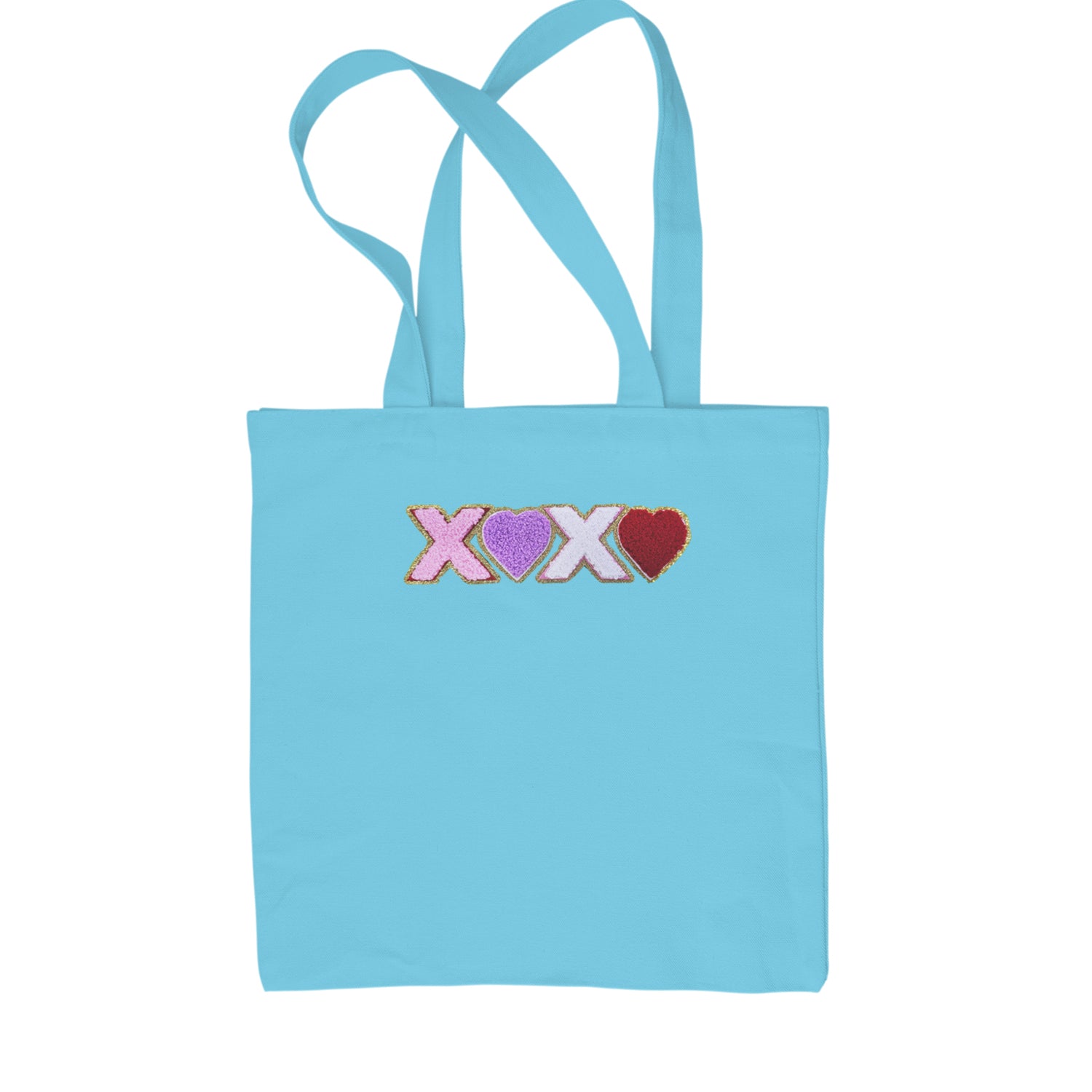 XOXO Chenille Patch Valentines Days Shopping Tote Bag Sky Blue