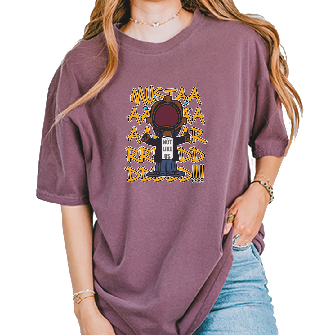 MUSTARD! Not Like Us Tv Off graphic on Garment-Dyed Heavyweight Unisex T-Shirt in Berry