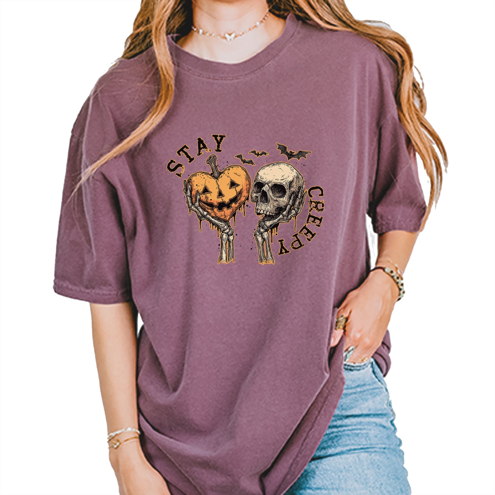 Stay Creepy Skull and Pumpkin Halloween Vintage Soft Unisex T-shirt Pepper