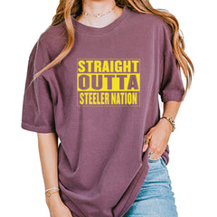 Straight Outta Steeler Nation Football graphic on Garment-Dyed Heavyweight Unisex T-Shirt in Berry