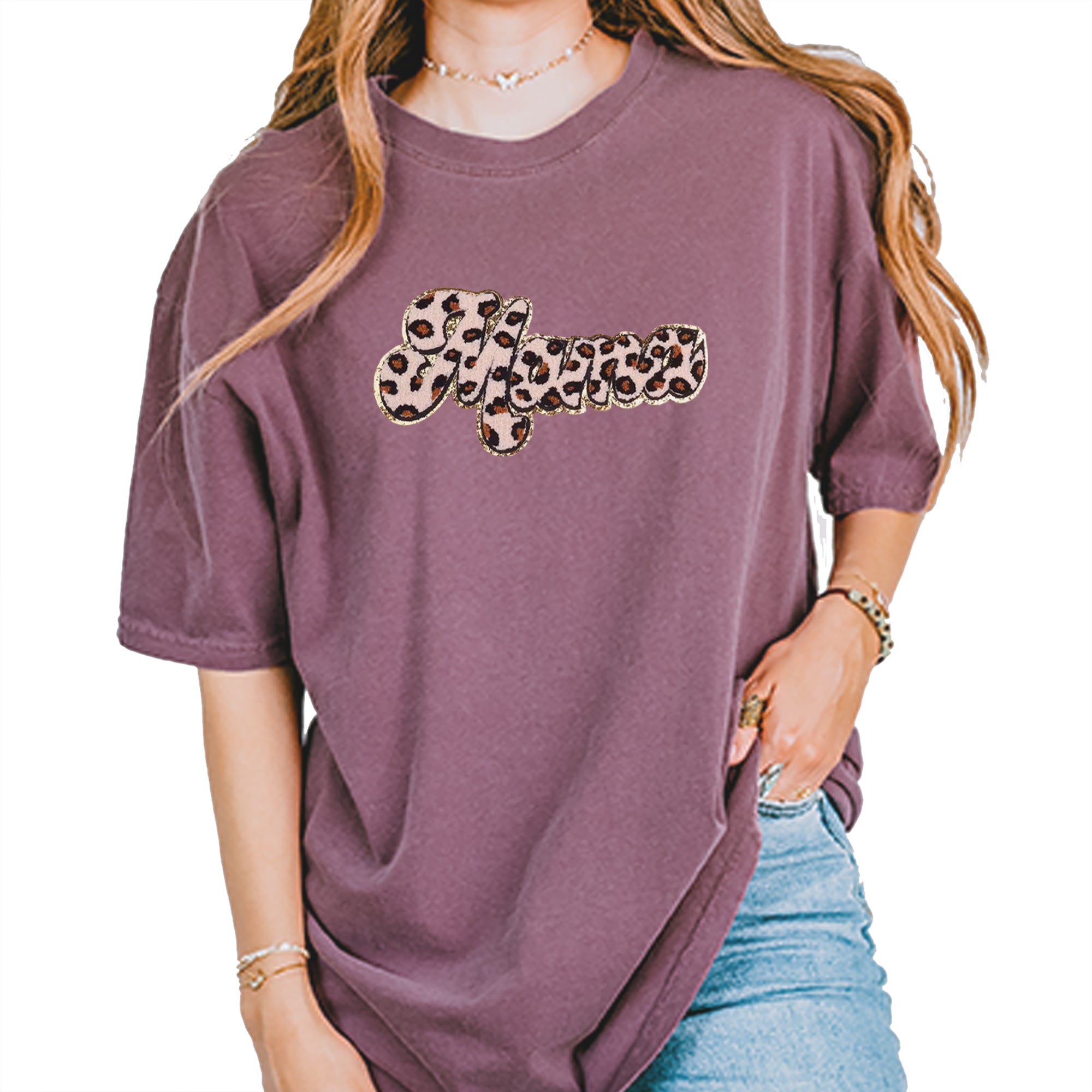 Mama Cheetah Print Glitter Chenille Patch Vintage Soft Unisex T-shirt Berry