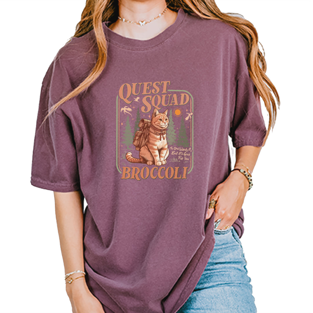 Quest Squad Broccoli Cat Fantasy Reader  Vintage Soft Unisex T-shirt Berry