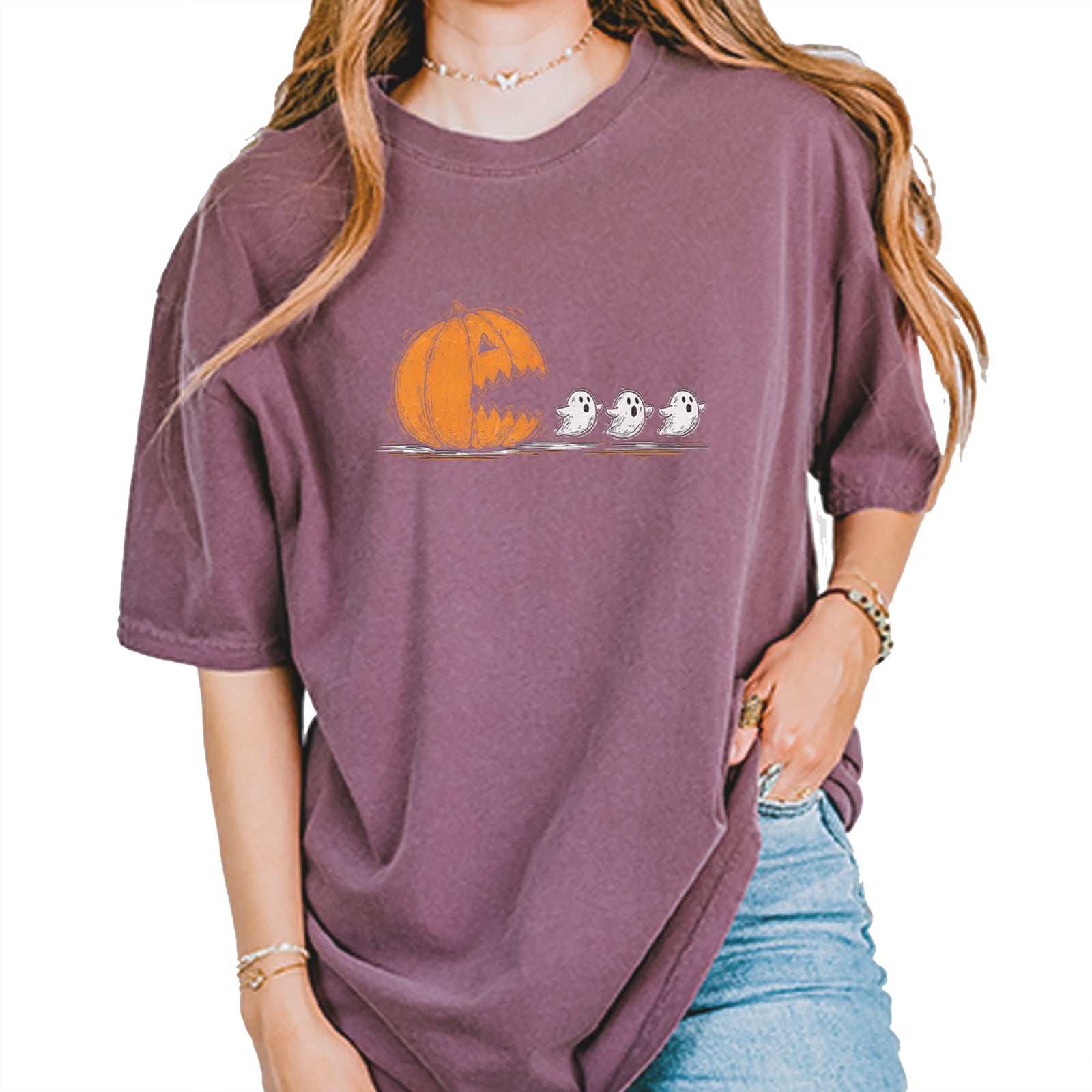 Pumpkin Pacman Chasing Ghosts Halloween Vintage Soft Unisex T-shirt Pepper