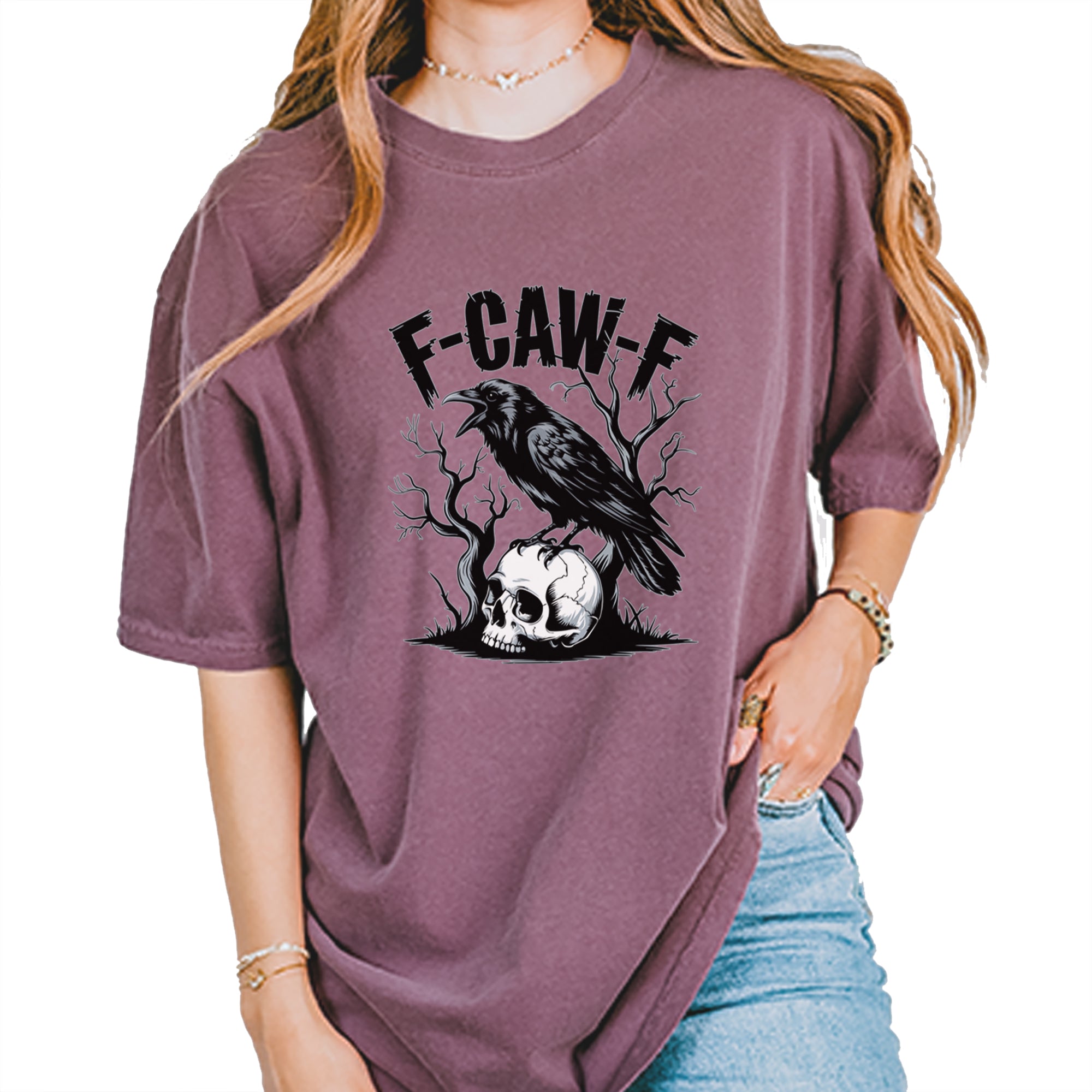 F-Caw-F Crow On Skull F-ck Off Gothic Vintage Soft Unisex T-shirt Berry