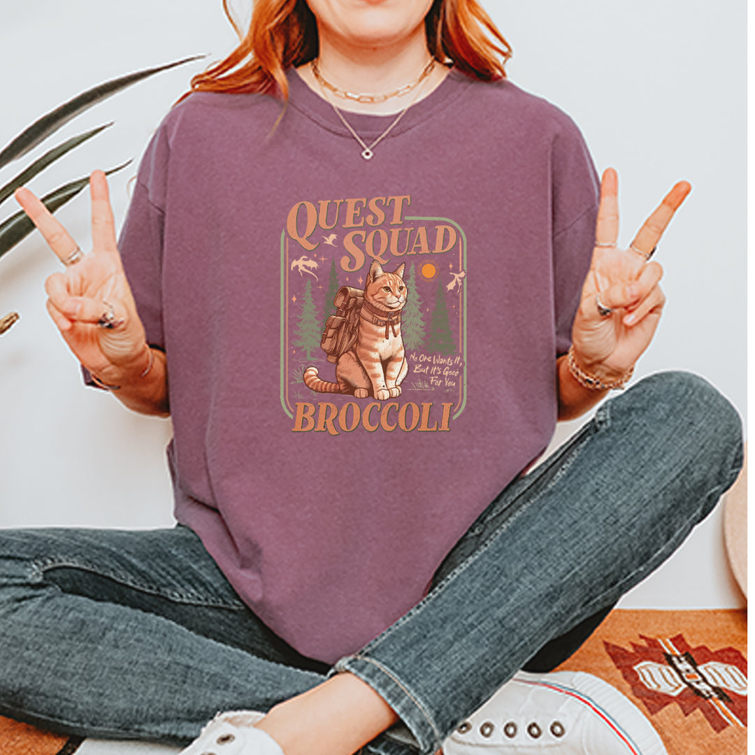 Quest Squad Broccoli Cat Fantasy Reader  Vintage Soft Unisex T-shirt 