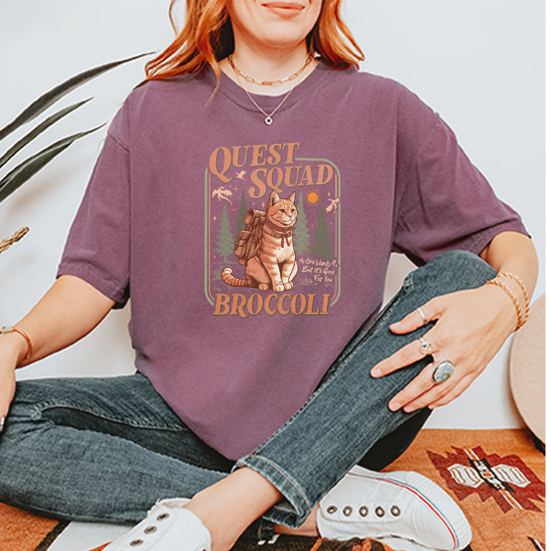 Quest Squad Broccoli Cat Fantasy Reader  Vintage Soft Unisex T-shirt 