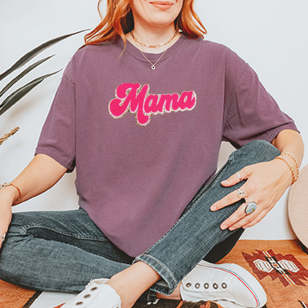 Mama Hot Pink Glitter Chenille Patch Vintage Soft Unisex T-shirt 
