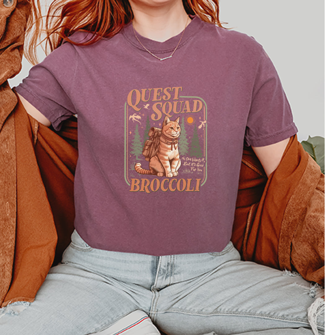 Quest Squad Broccoli Cat Fantasy Reader  Vintage Soft Unisex T-shirt 