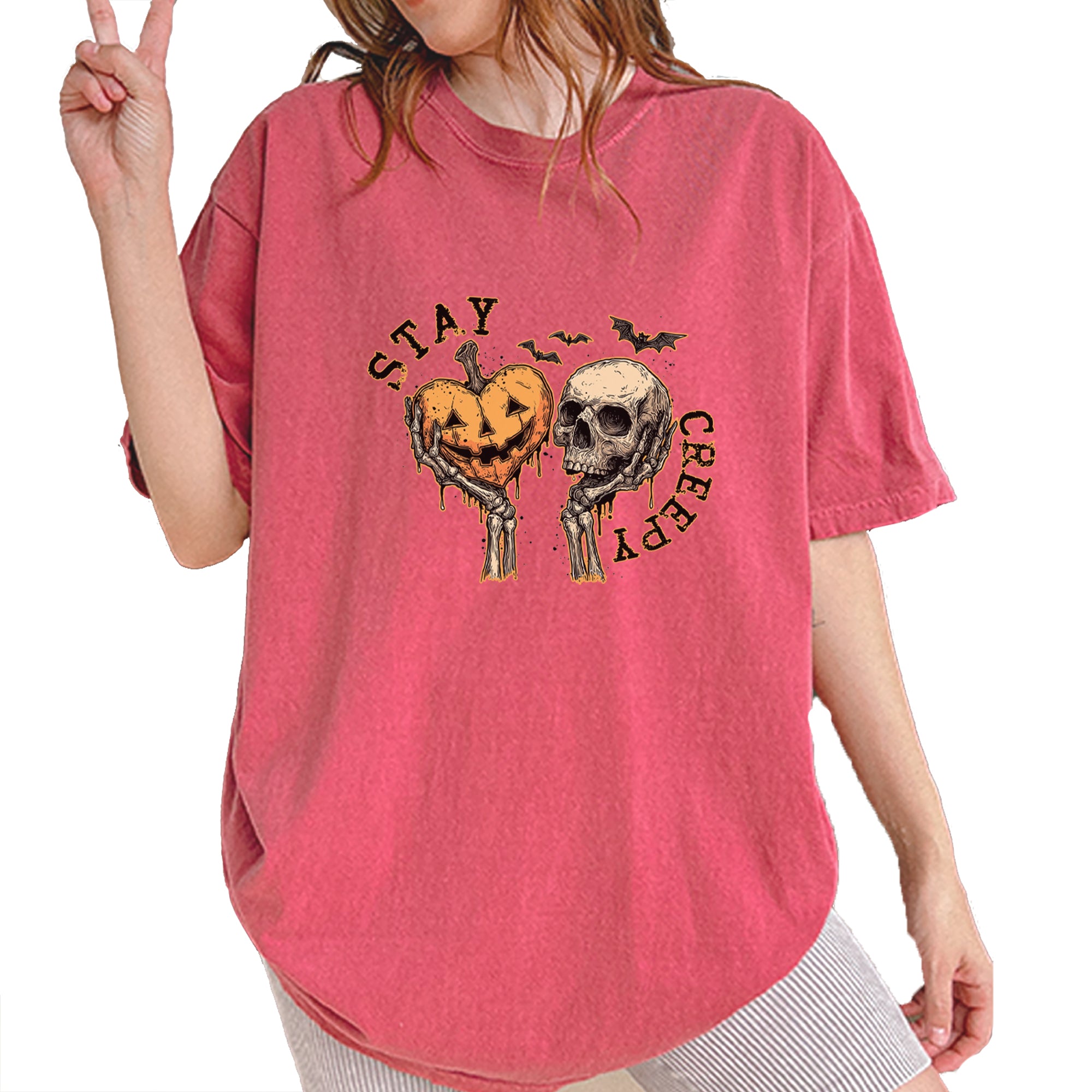 Stay Creepy Skull and Pumpkin Halloween Vintage Soft Unisex T-shirt Brick