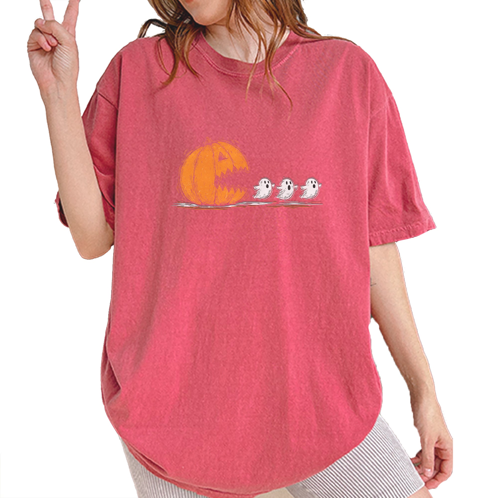 Pumpkin Pacman Chasing Ghosts Halloween Vintage Soft Unisex T-shirt Brick