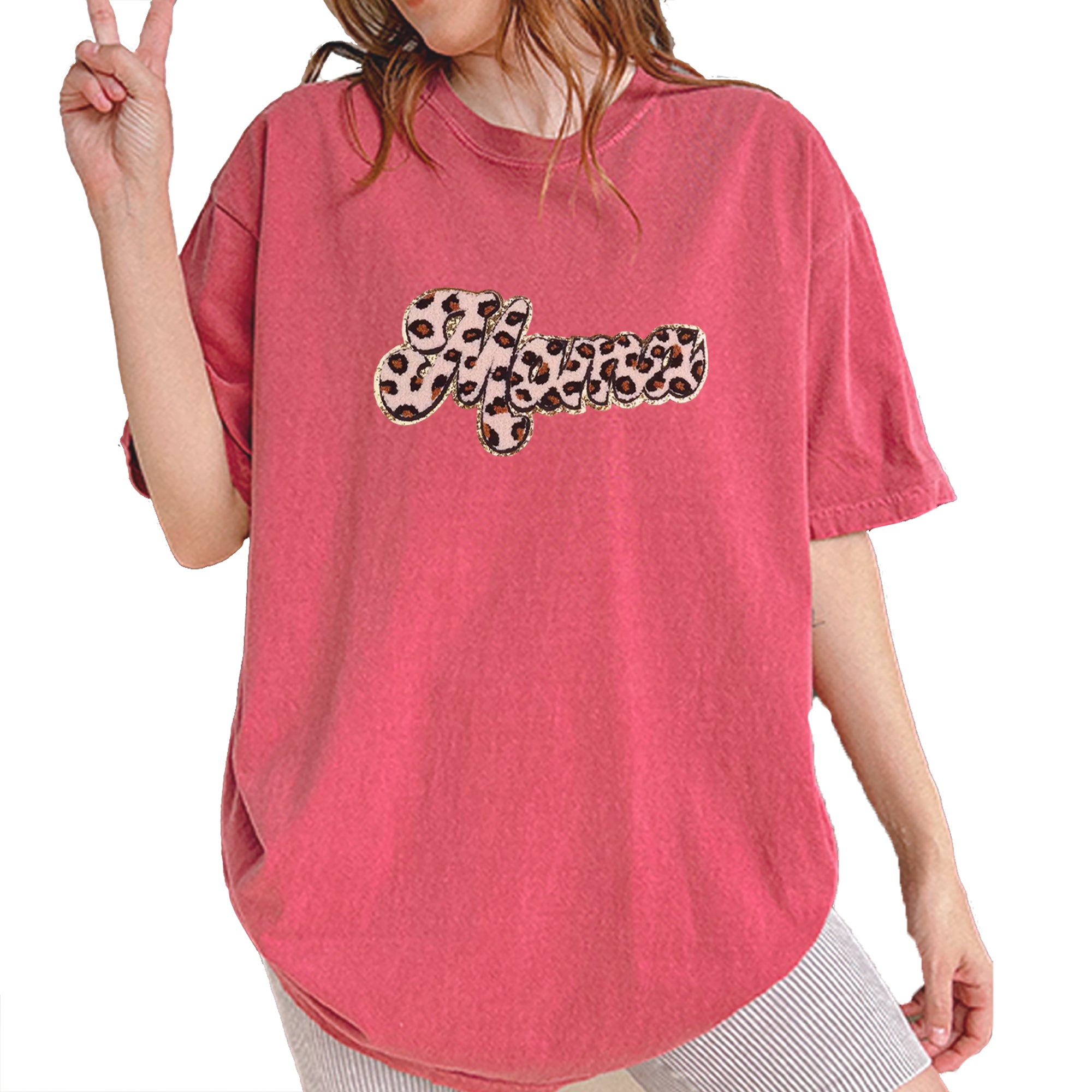 Mama Cheetah Print Glitter Chenille Patch Vintage Soft Unisex T-shirt Brick