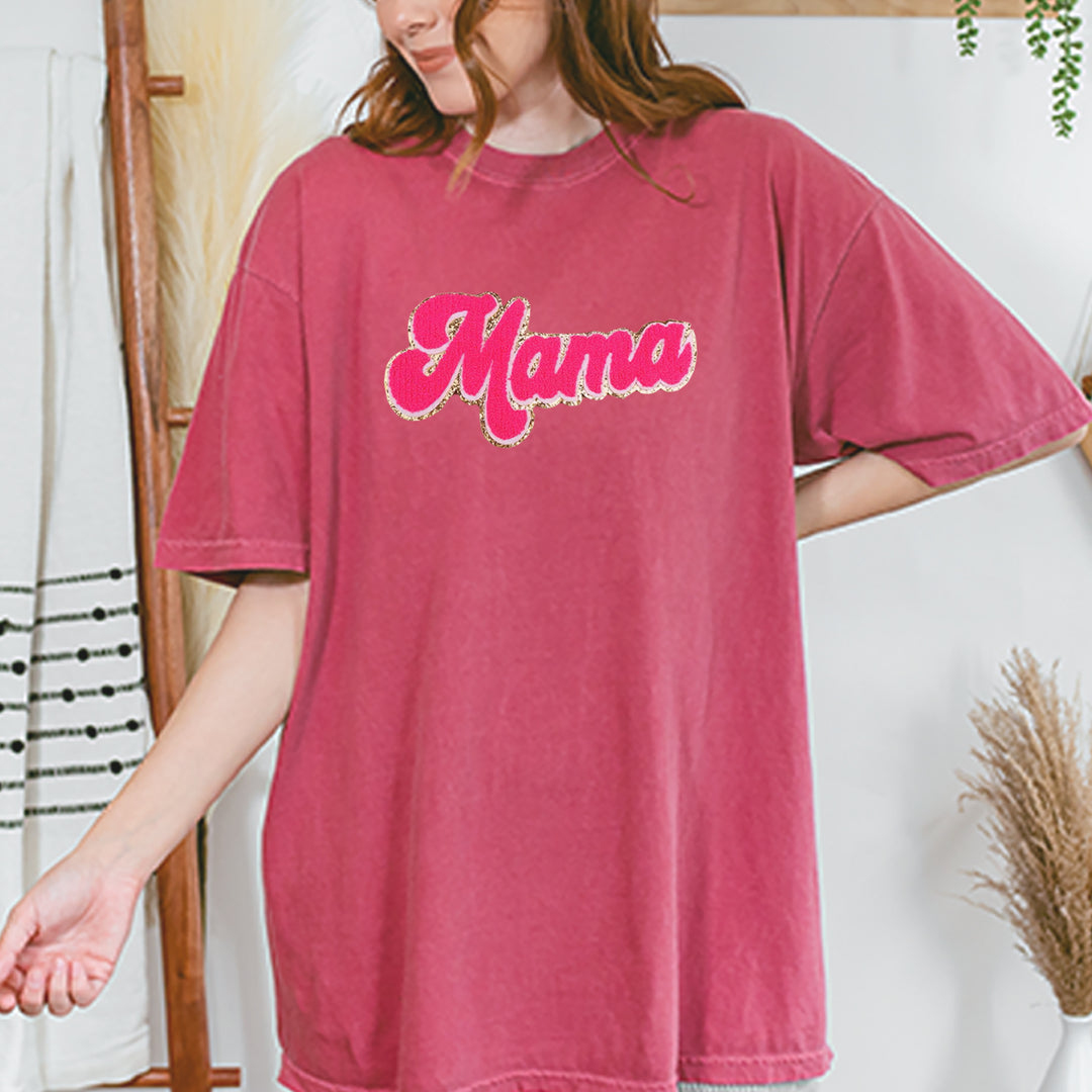 Mama Hot Pink Glitter Chenille Patch Vintage Soft Unisex T-shirt 