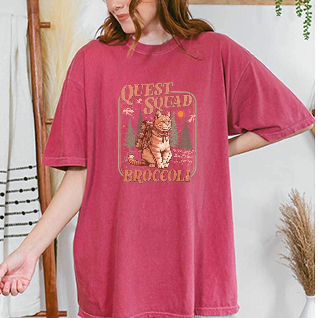 Quest Squad Broccoli Cat Fantasy Reader  Vintage Soft Unisex T-shirt 