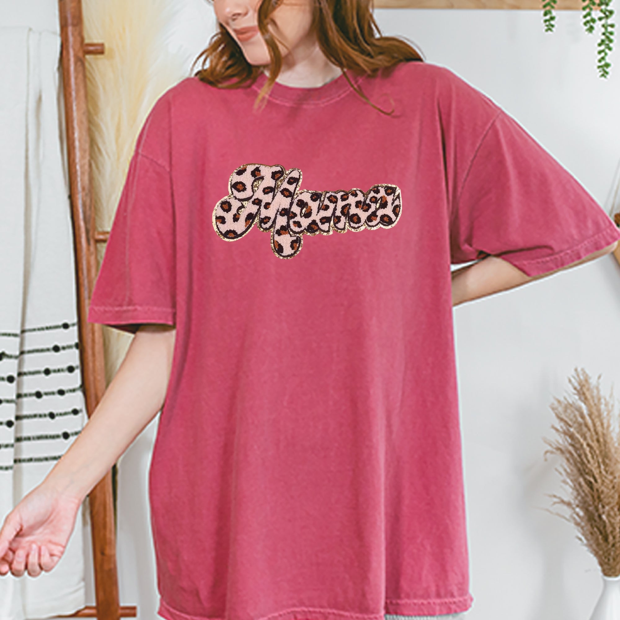 Mama Cheetah Print Glitter Chenille Patch Vintage Soft Unisex T-shirt 