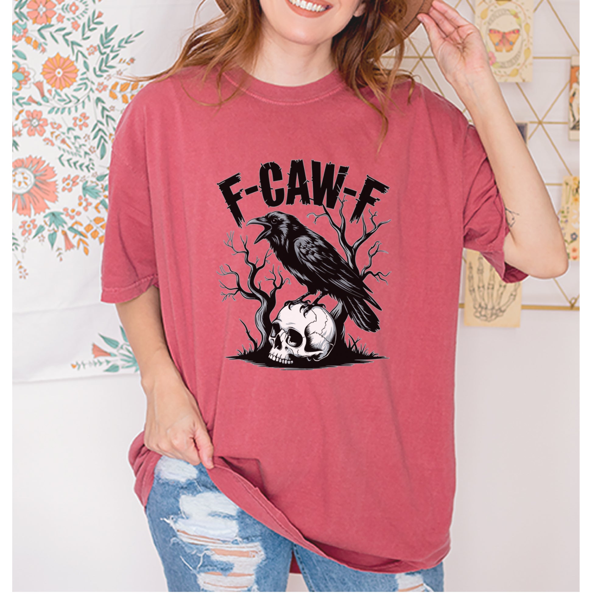 F-Caw-F Crow On Skull F-ck Off Gothic Vintage Soft Unisex T-shirt 