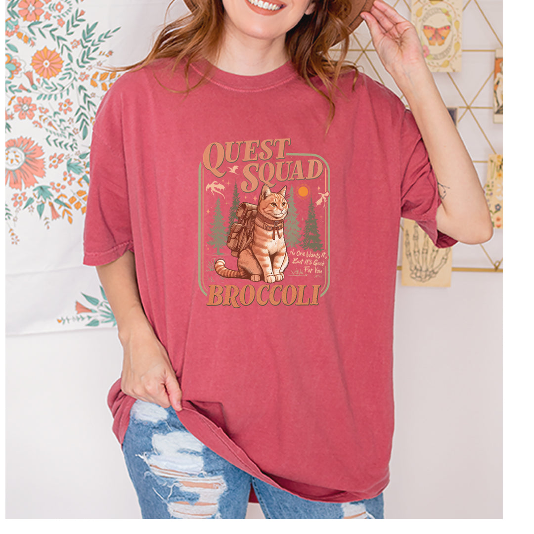 Quest Squad Broccoli Cat Fantasy Reader  Vintage Soft Unisex T-shirt 
