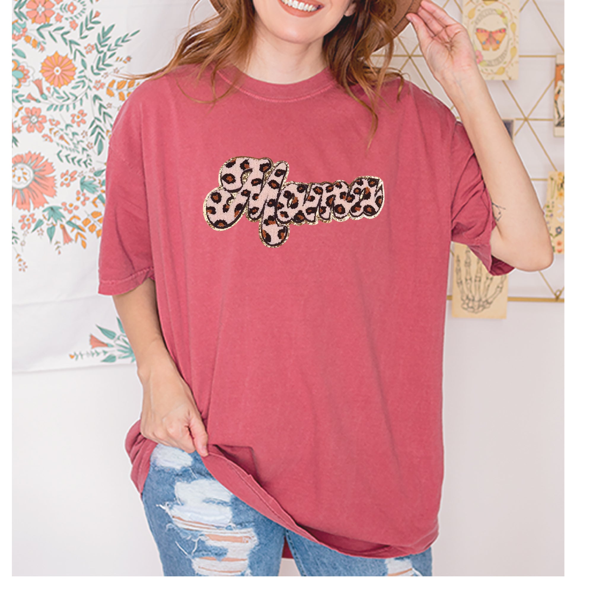 Mama Cheetah Print Glitter Chenille Patch Vintage Soft Unisex T-shirt 