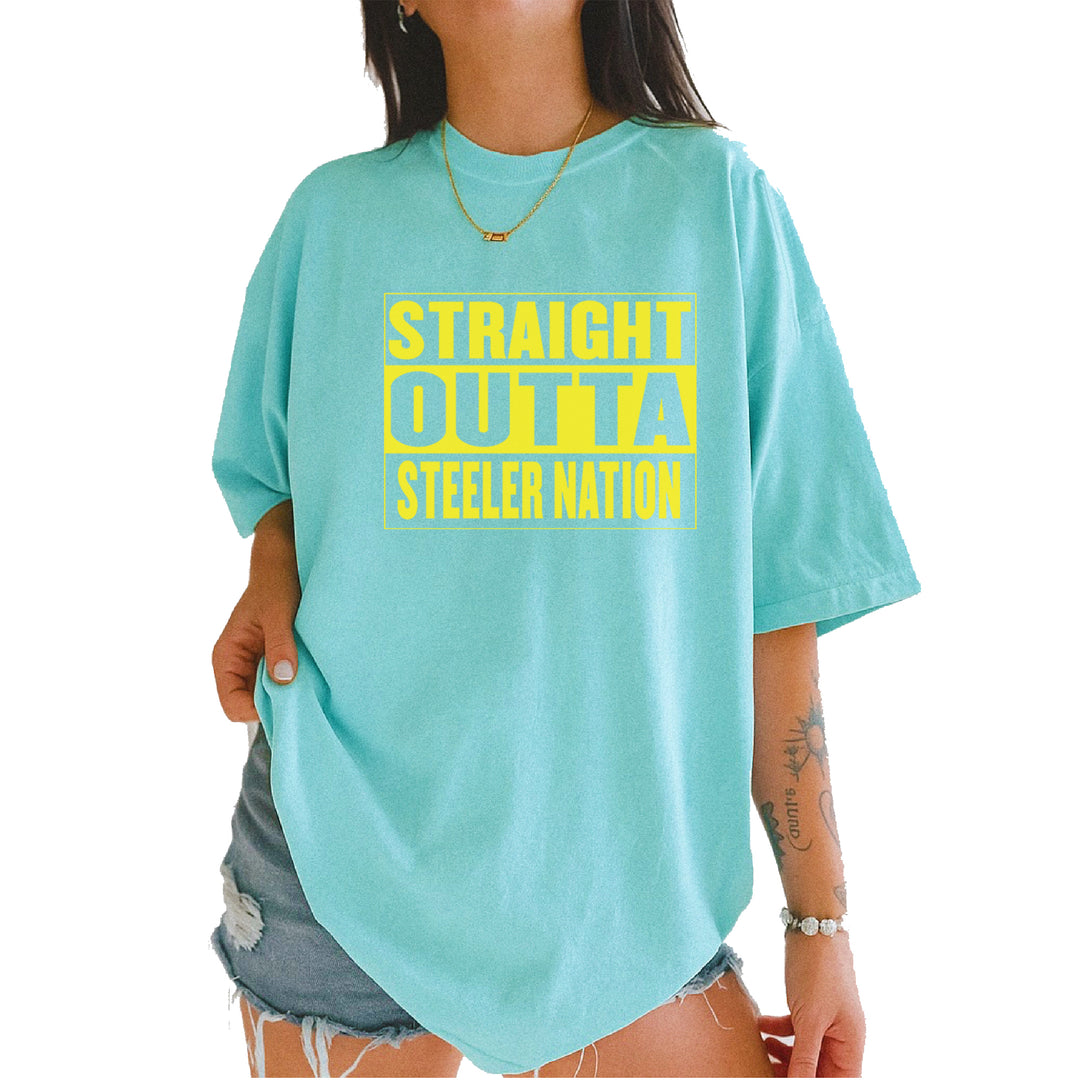 Straight Outta Steeler Nation Football graphic on Garment-Dyed Heavyweight Unisex T-Shirt in Chalky Mint