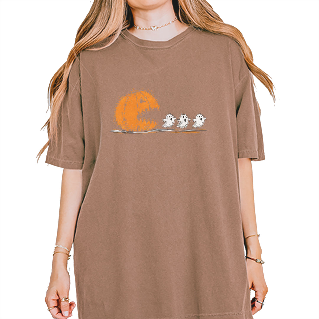 Pumpkin Pacman Chasing Ghosts Halloween Vintage Soft Unisex T-shirt Espresso