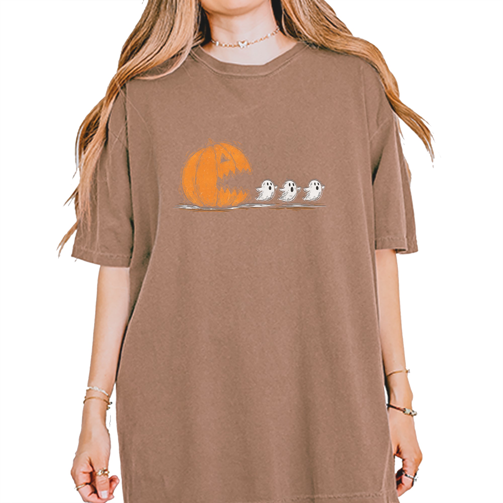 Pumpkin Pacman Chasing Ghosts Halloween Vintage Soft Unisex T-shirt Espresso