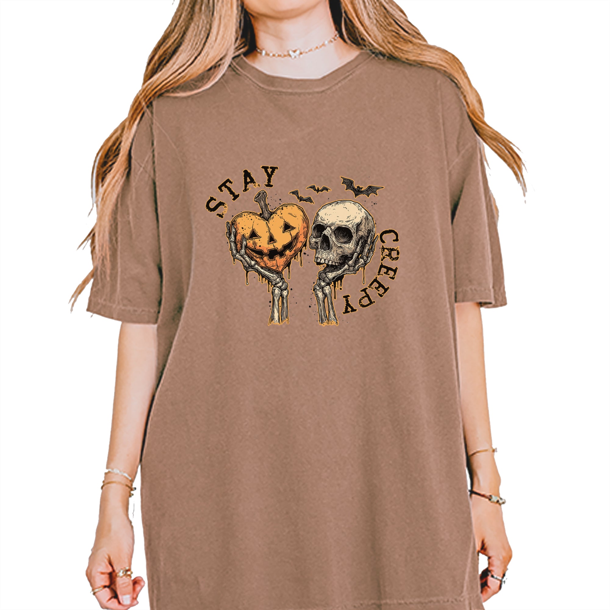 Stay Creepy Skull and Pumpkin Halloween Vintage Soft Unisex T-shirt Espresso