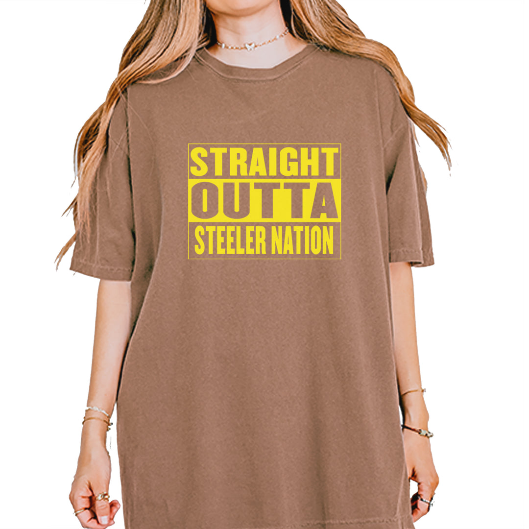 Straight Outta Steeler Nation Football graphic on Garment-Dyed Heavyweight Unisex T-Shirt in Espresso