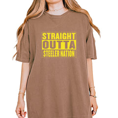Straight Outta Steeler Nation Football graphic on Garment-Dyed Heavyweight Unisex T-Shirt in Espresso