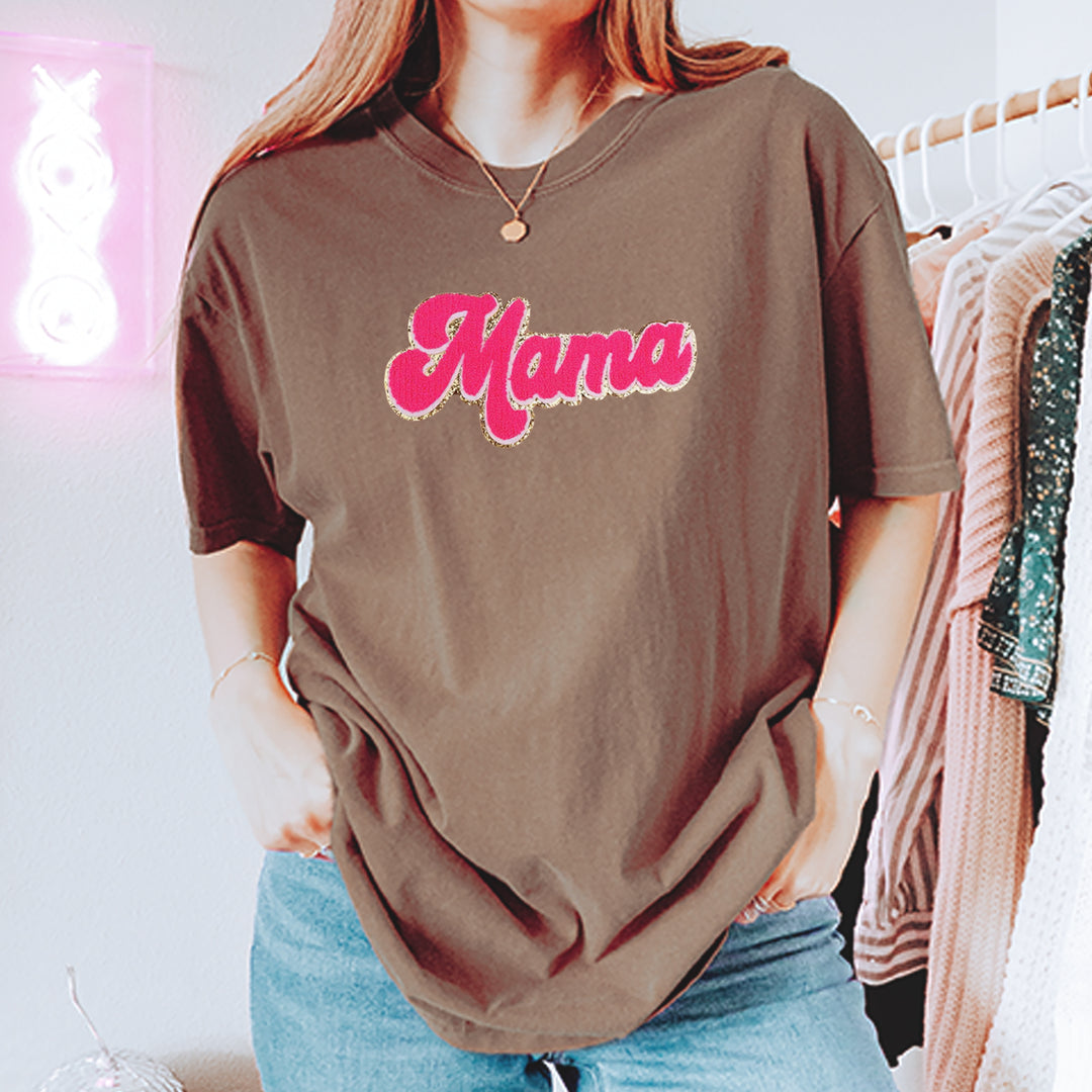 Mama Hot Pink Glitter Chenille Patch Vintage Soft Unisex T-shirt 