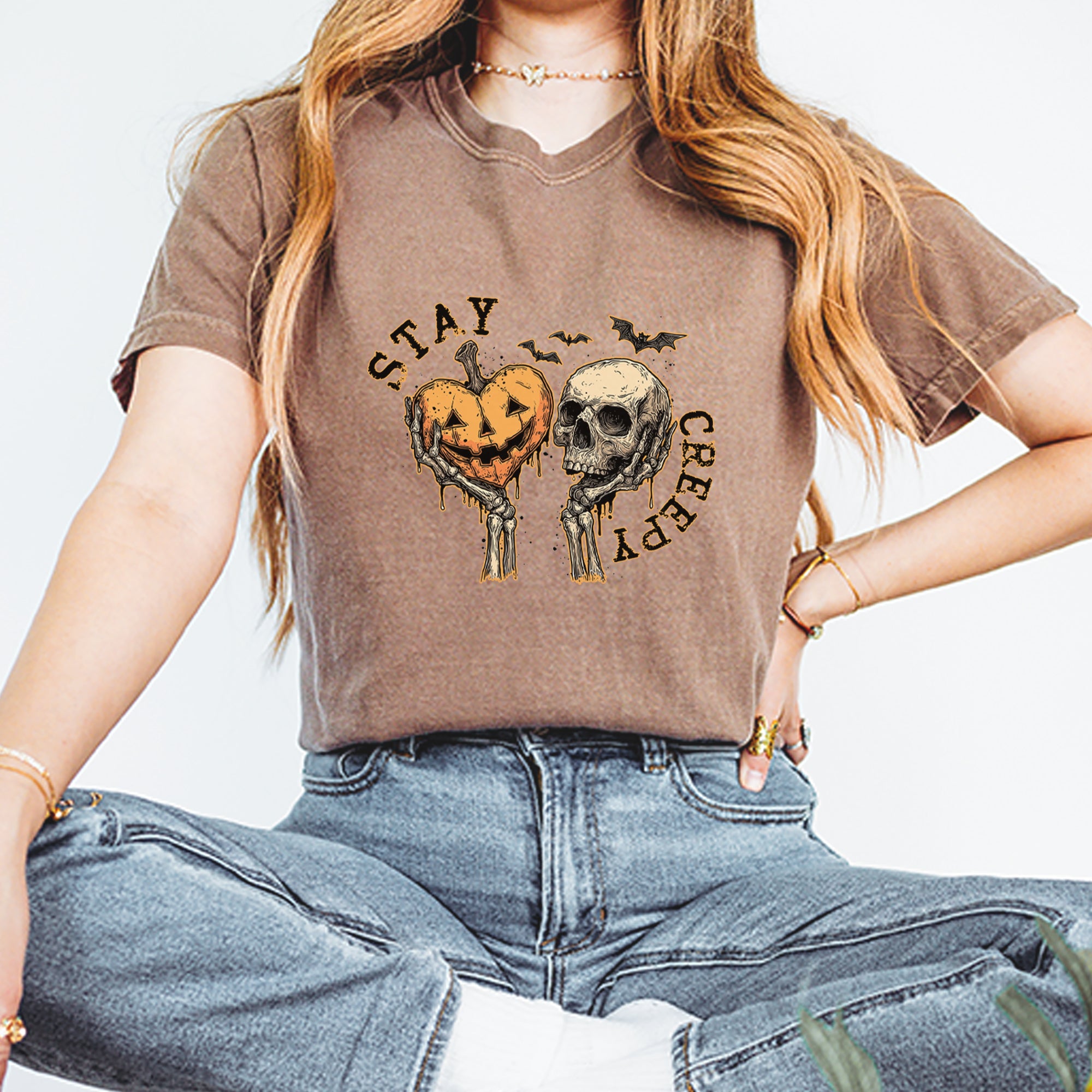 Stay Creepy Skull and Pumpkin Halloween Vintage Soft Unisex T-shirt 