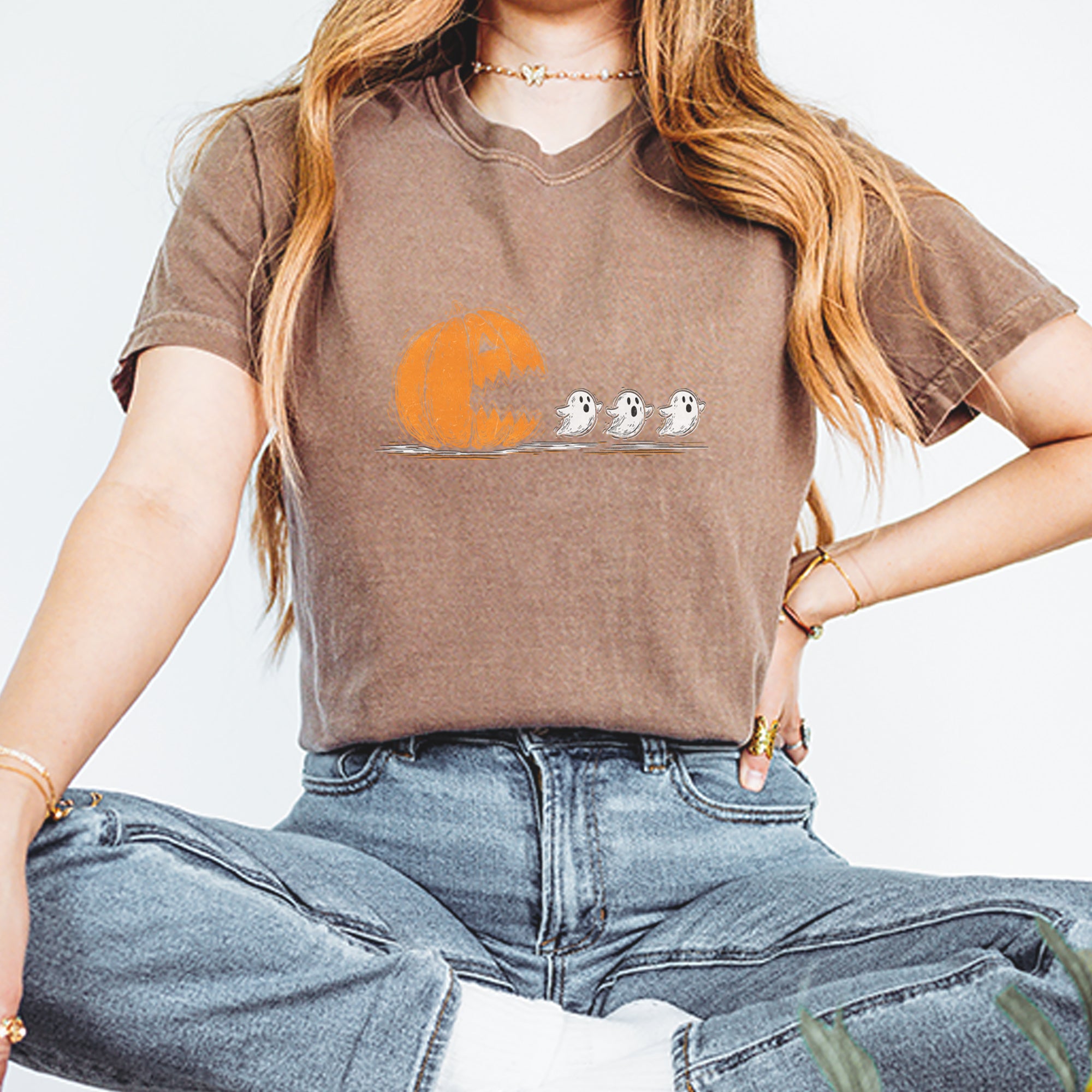 Pumpkin Pacman Chasing Ghosts Halloween Vintage Soft Unisex T-shirt 