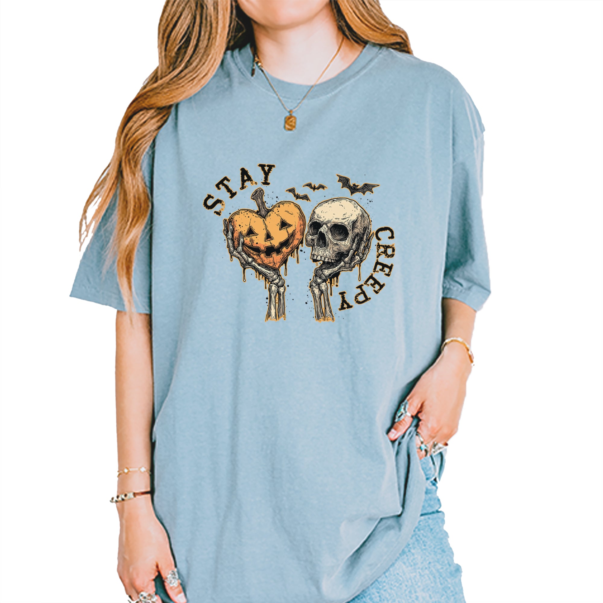 Stay Creepy Skull and Pumpkin Halloween Vintage Soft Unisex T-shirt Ice Blue