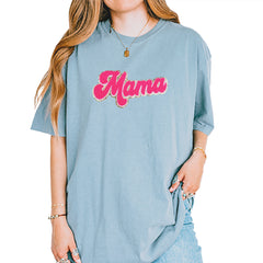 Mama Hot Pink Glitter Chenille Patch Vintage Soft Unisex T-shirt Ice Blue