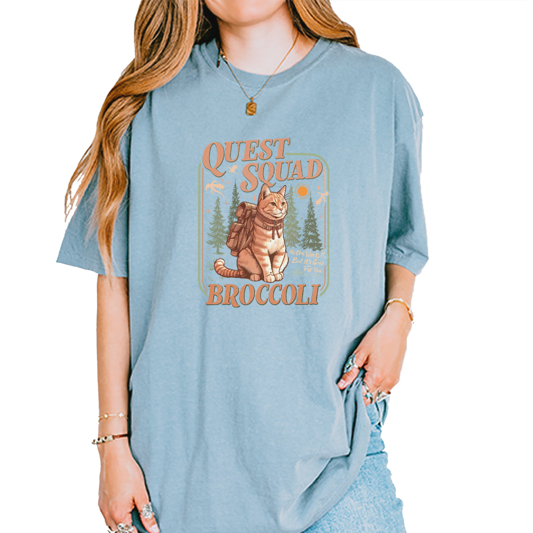 Quest Squad Broccoli Cat Fantasy Reader  Vintage Soft Unisex T-shirt Ice Blue
