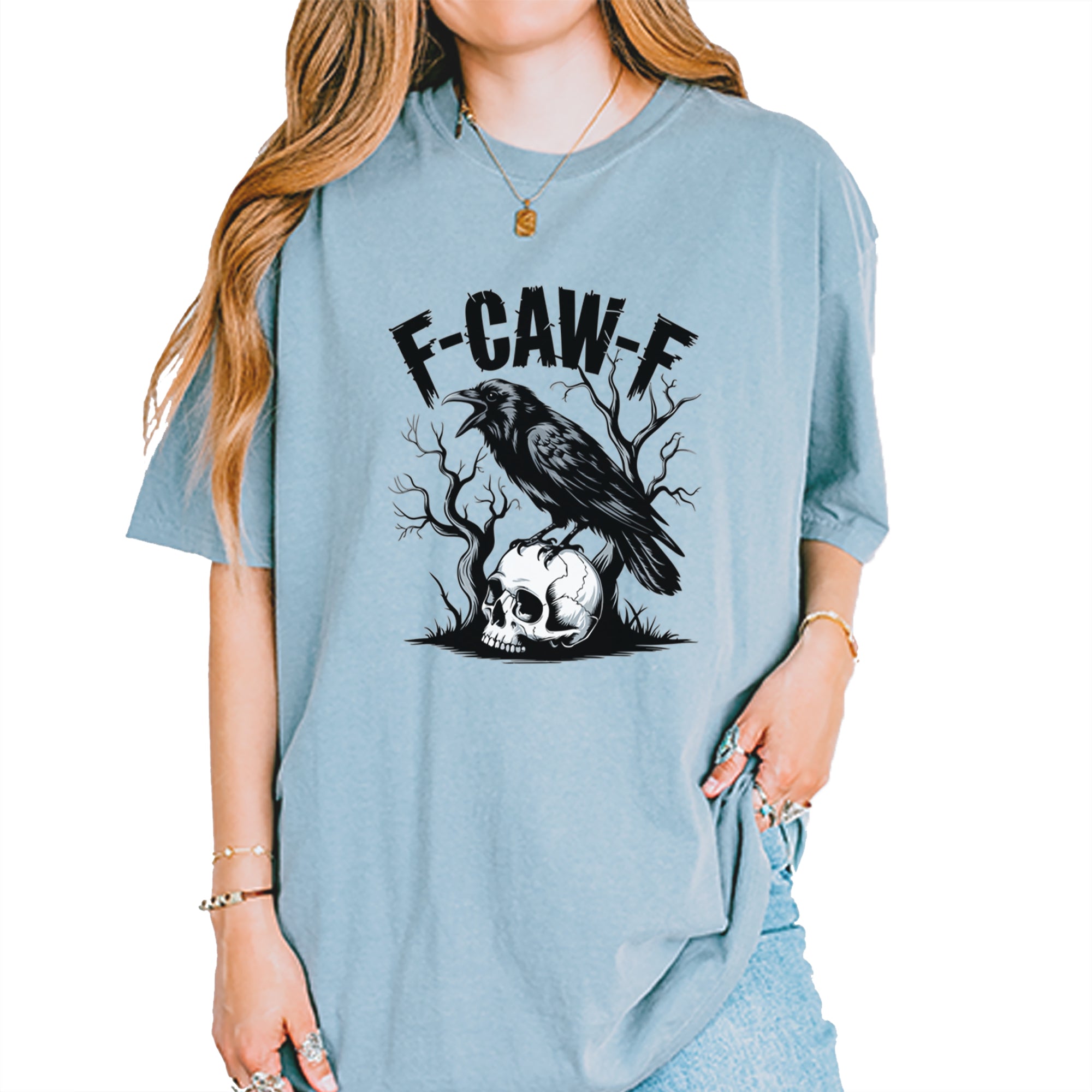 F-Caw-F Crow On Skull F-ck Off Gothic Vintage Soft Unisex T-shirt Ice Blue