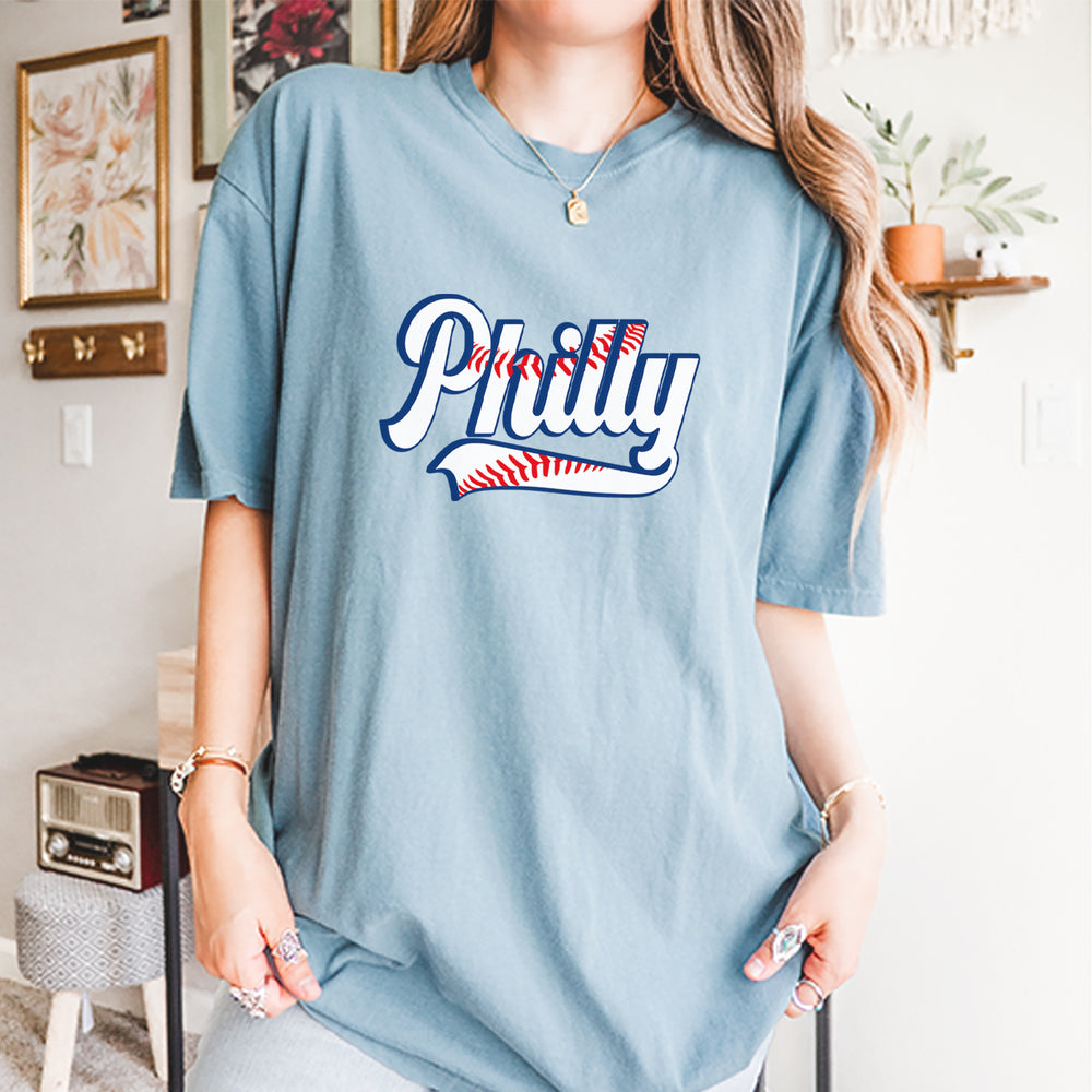 Philly Baseball Stitching graphic on Garment-Dyed Heavyweight Unisex T-Shirt alternate view 2