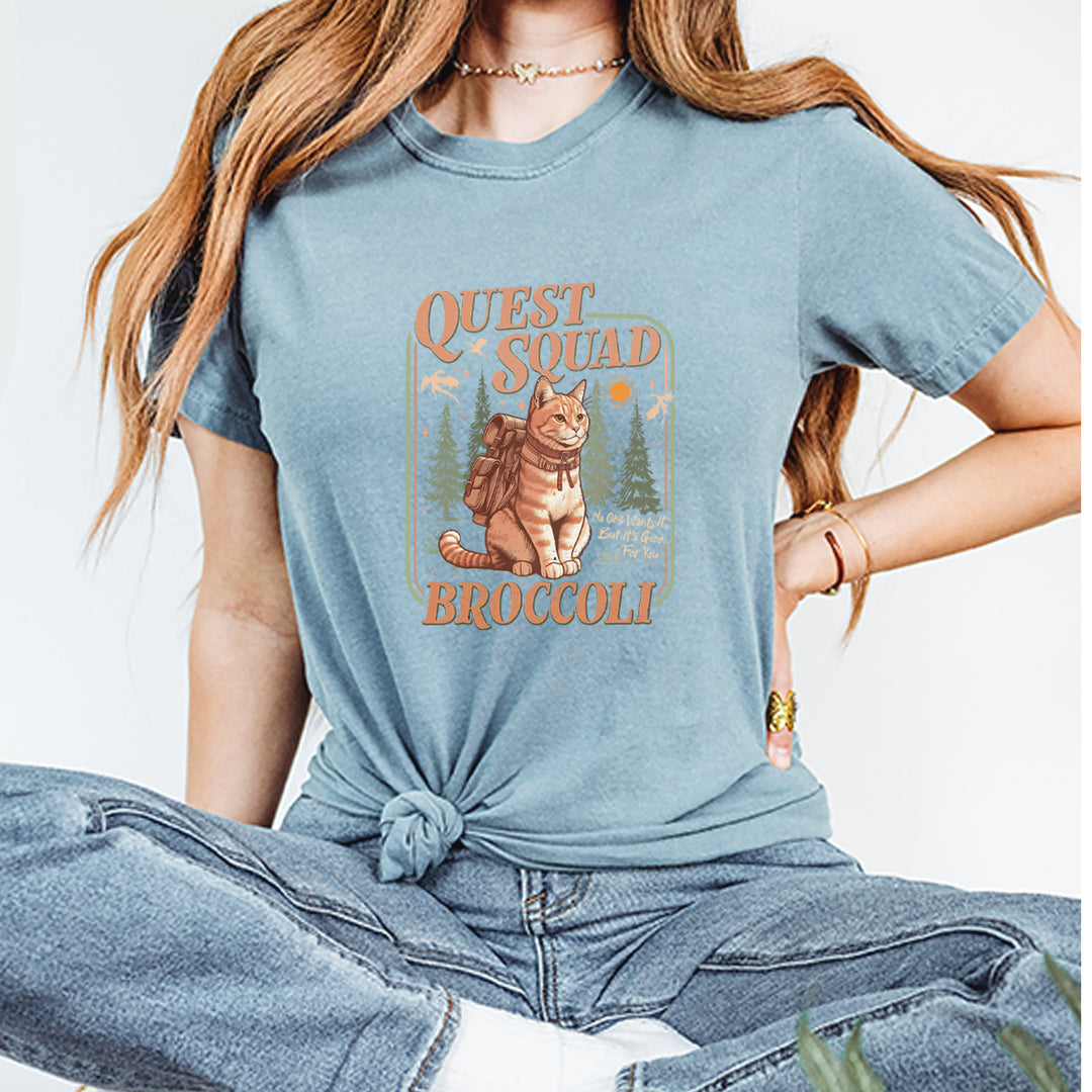 Quest Squad Broccoli Cat Fantasy Reader  Vintage Soft Unisex T-shirt 