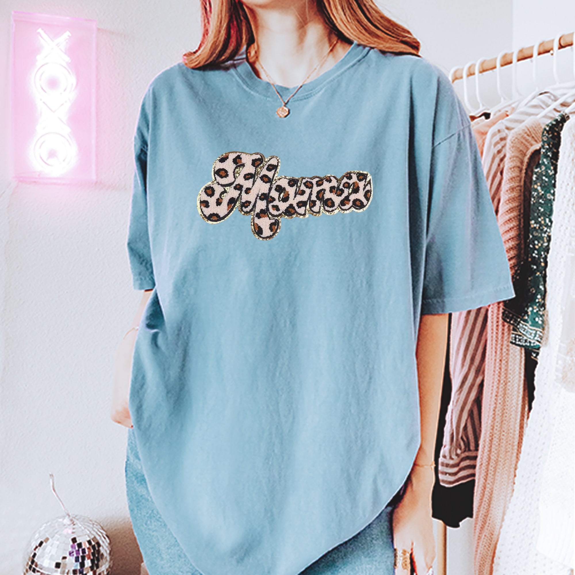 Mama Cheetah Print Glitter Chenille Patch Vintage Soft Unisex T-shirt 