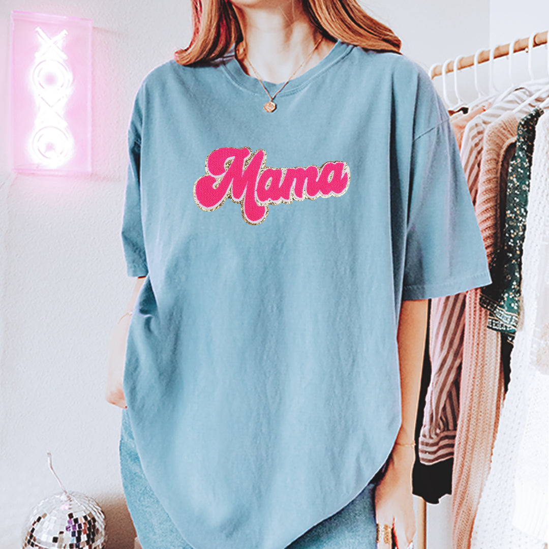 Mama Hot Pink Glitter Chenille Patch Vintage Soft Unisex T-shirt 