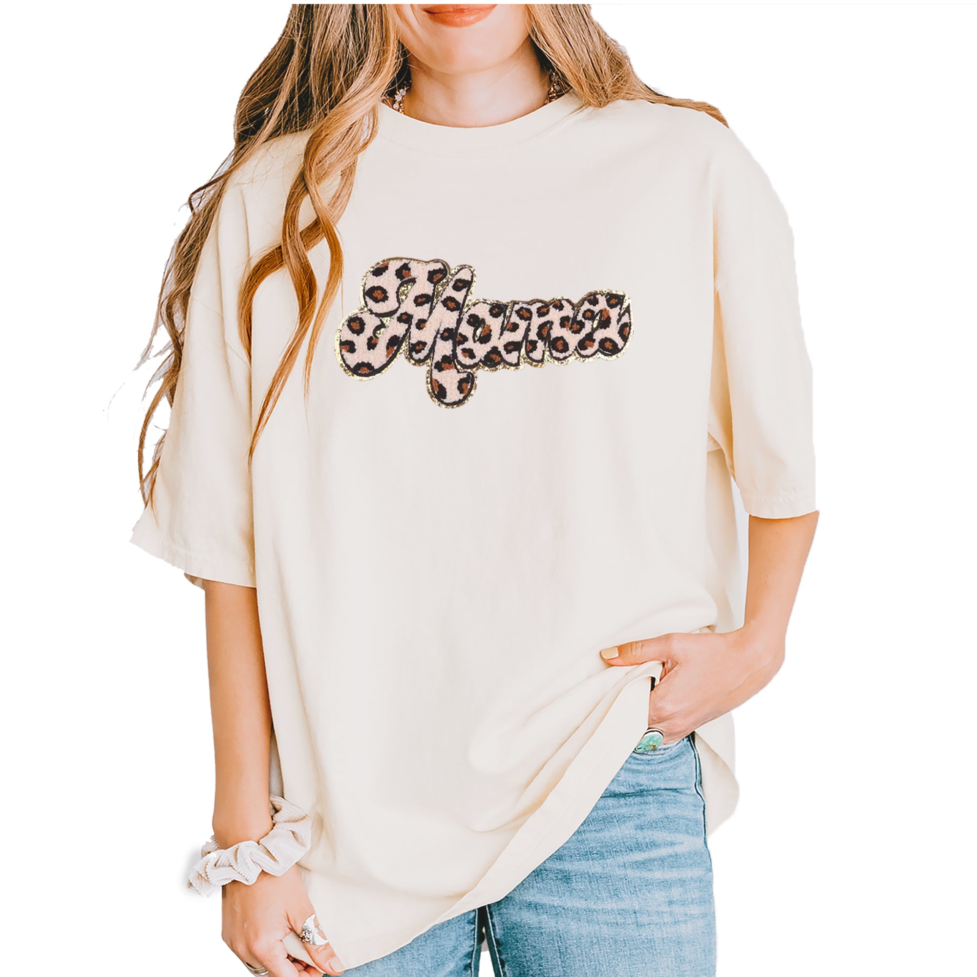 Mama Cheetah Print Glitter Chenille Patch Vintage Soft Unisex T-shirt Ivory