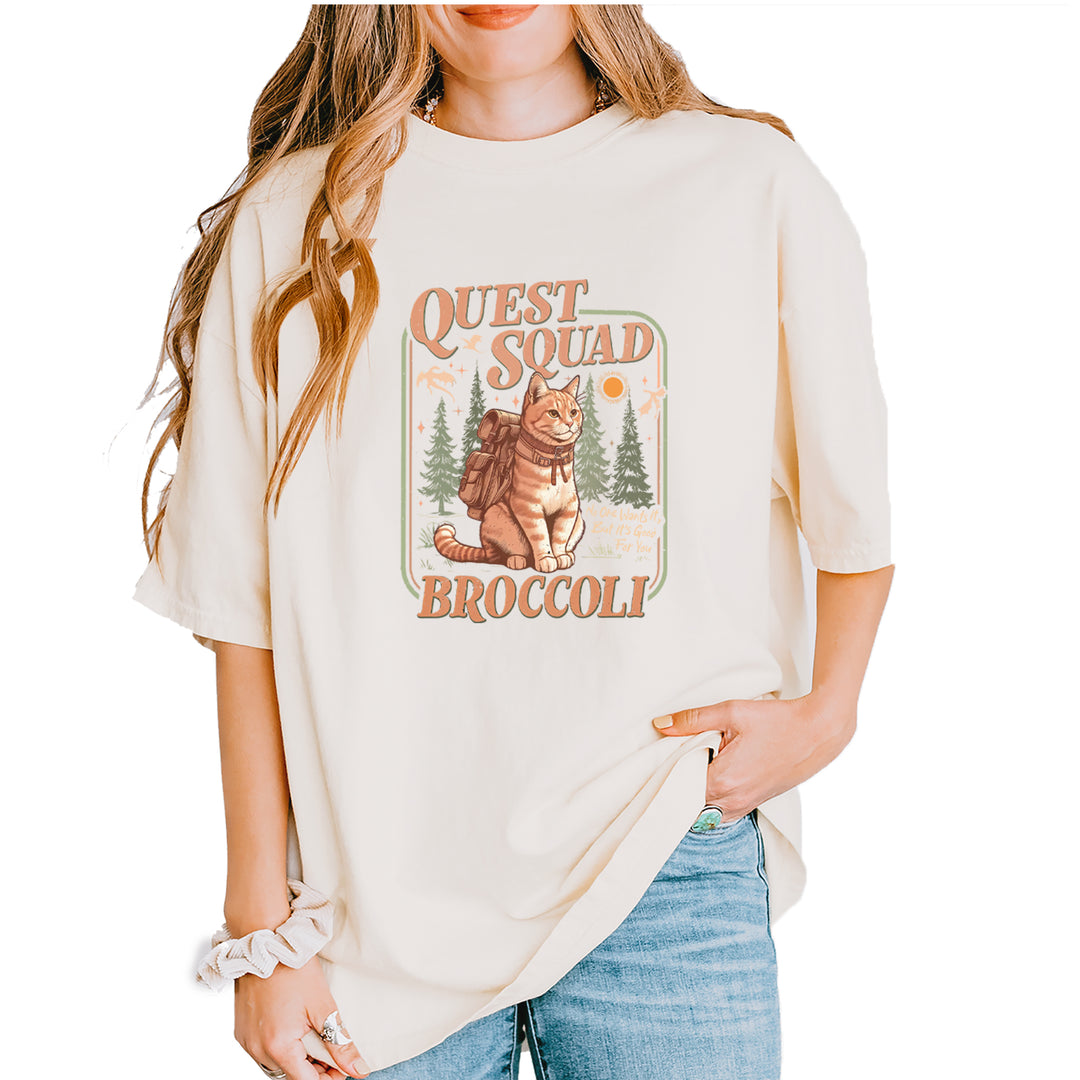 Quest Squad Broccoli Cat Fantasy Reader  Vintage Soft Unisex T-shirt Ivory