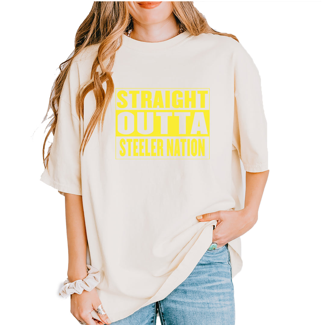 Straight Outta Steeler Nation Football graphic on Garment-Dyed Heavyweight Unisex T-Shirt in Ivory