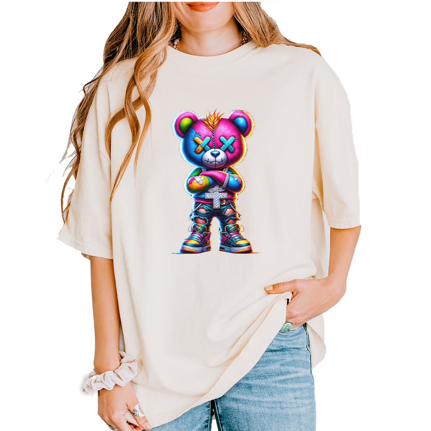Stitched Neon Urban Graffiti Bear Vintage Soft Unisex T-shirt Ivory