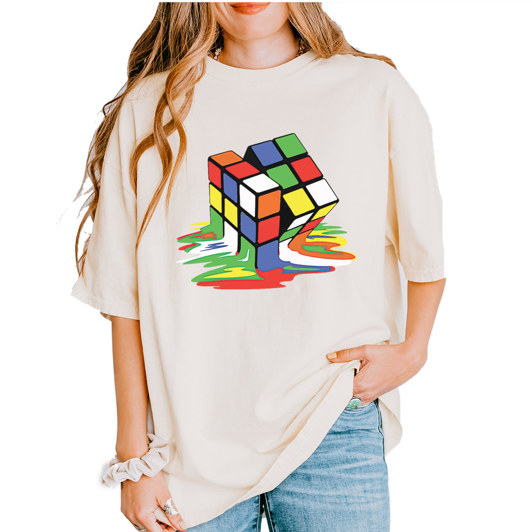 Melting Multi-Colored Cube graphic on Garment-Dyed Heavyweight Unisex T-Shirt in Ivory
