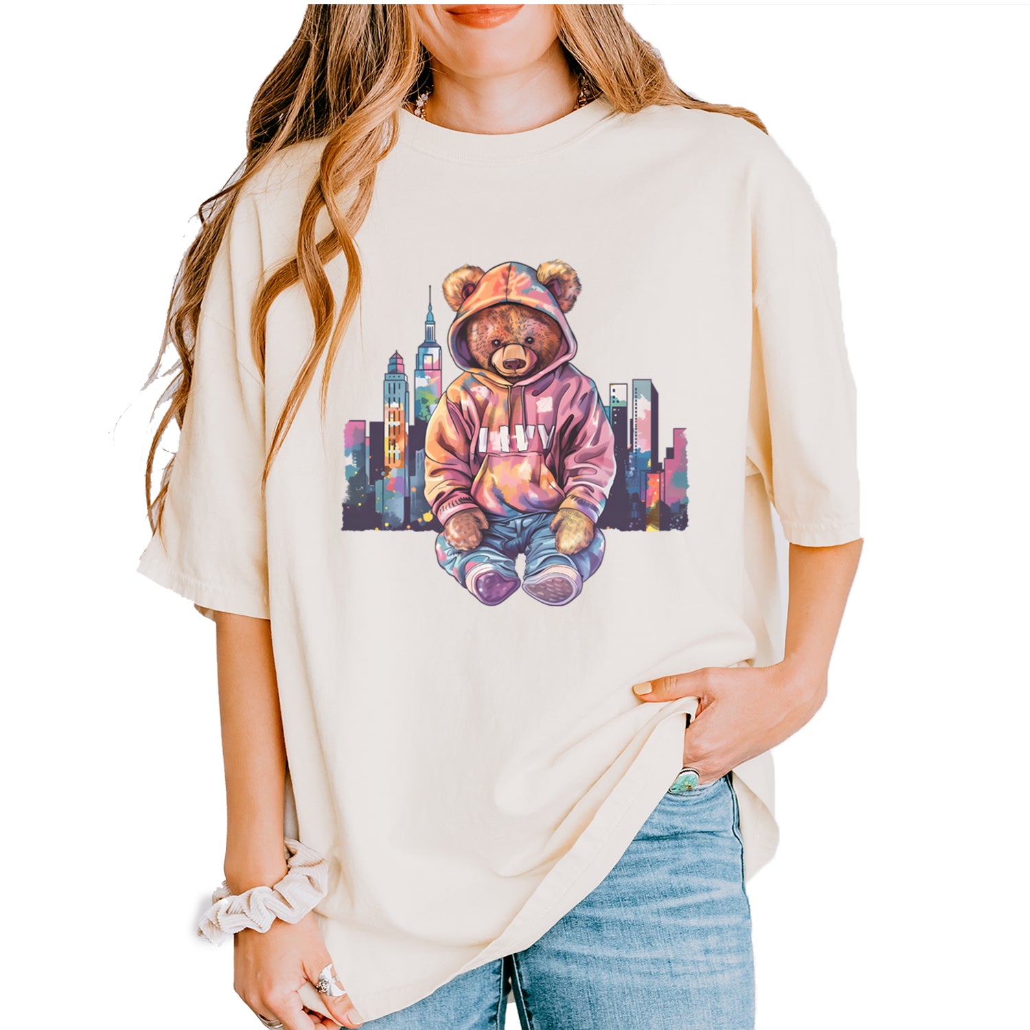 City Skyline Urban Graffiti Bear Vintage Soft Unisex T-shirt Ivory