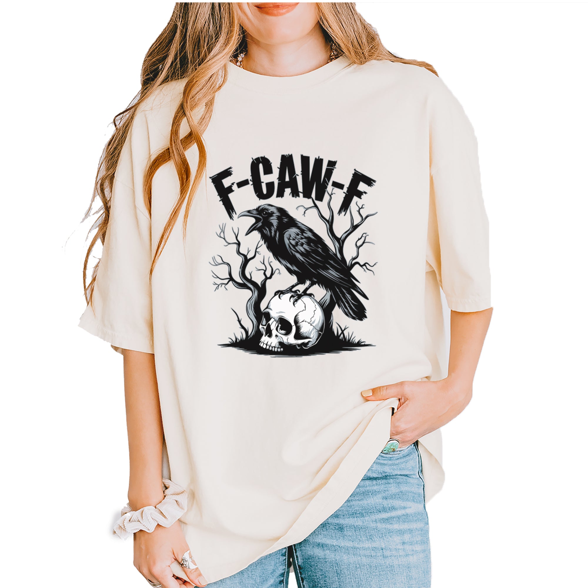 F-Caw-F Crow On Skull F-ck Off Gothic Vintage Soft Unisex T-shirt Ivory