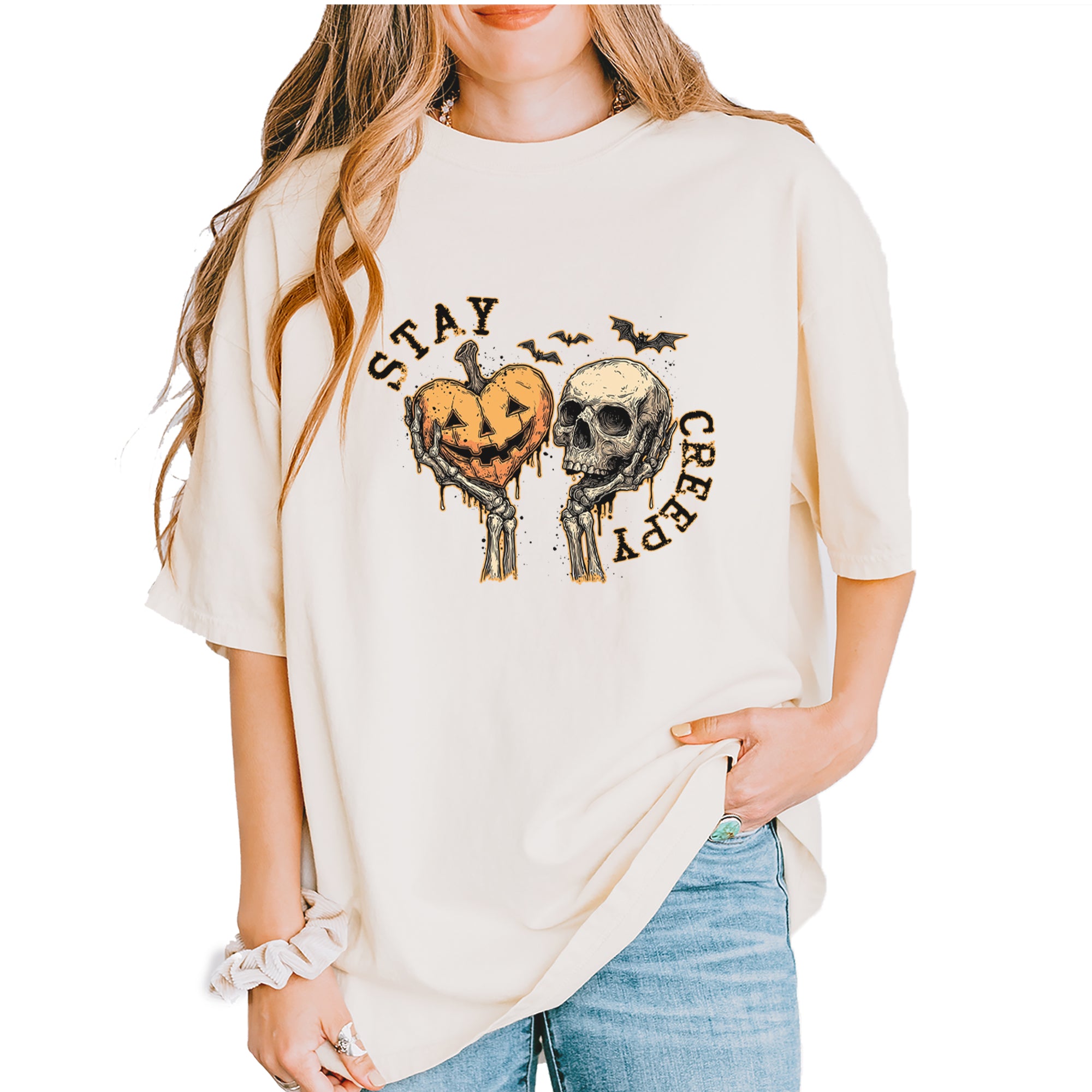 Stay Creepy Skull and Pumpkin Halloween Vintage Soft Unisex T-shirt Ivory