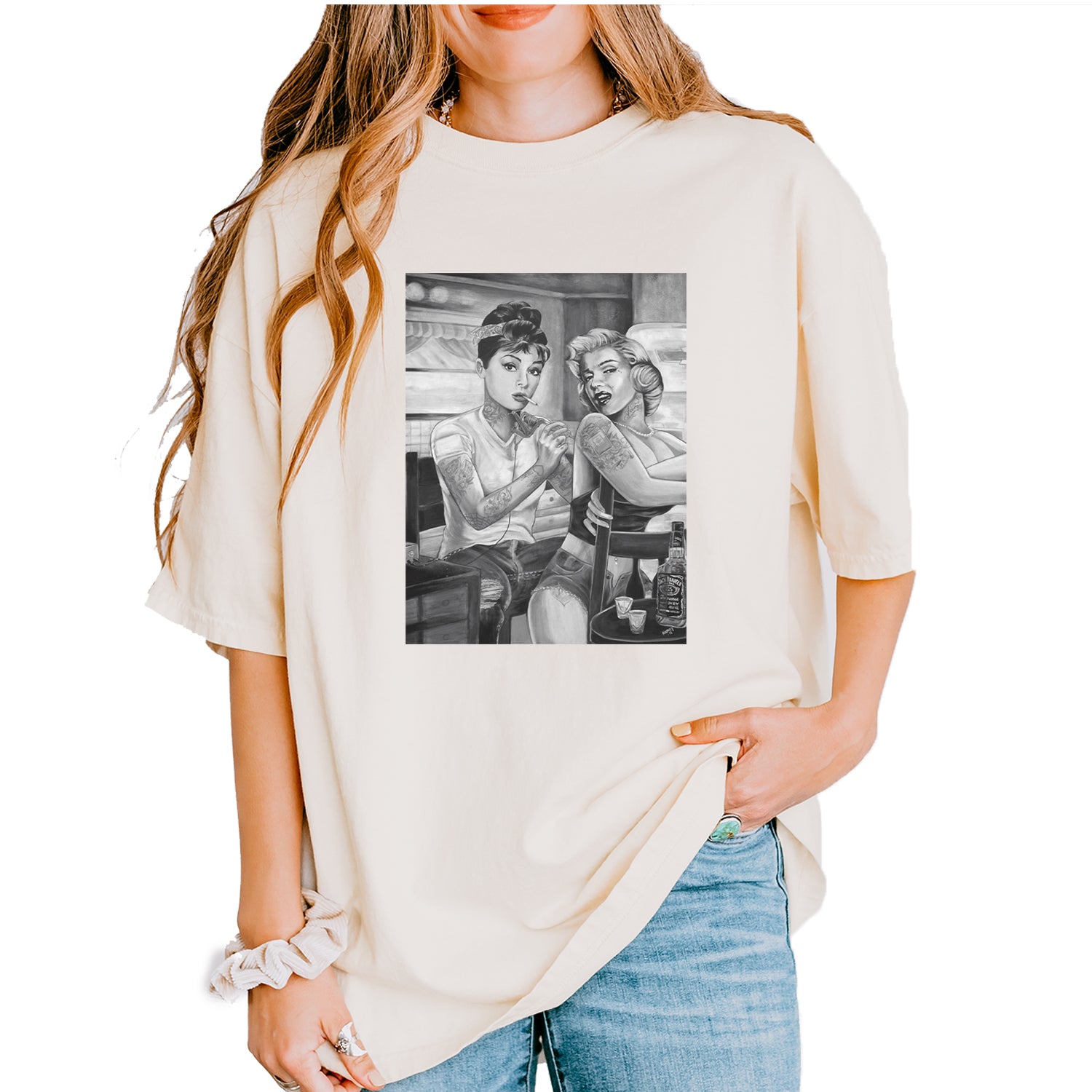 Monroe and Audrey Hepburn Tattooed Icons Vintage Soft Unisex T-shirt Ivory