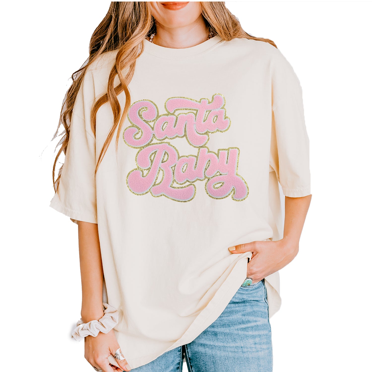 Pink Santa Baby Chenille Patch Vintage Soft Unisex T-shirt Ivory