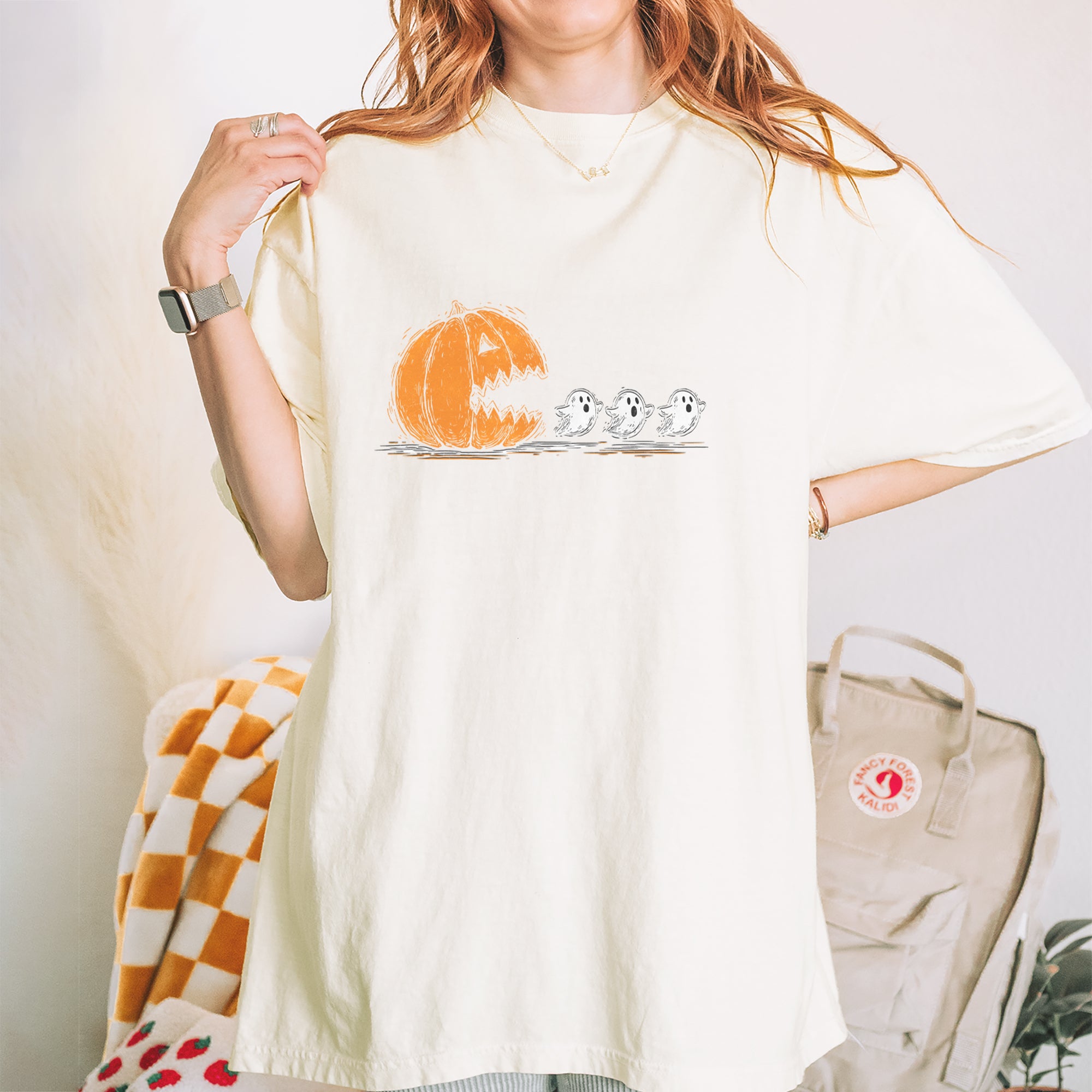 Pumpkin Pacman Chasing Ghosts Halloween Vintage Soft Unisex T-shirt 